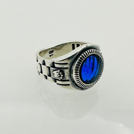 Men's Turkish Blue Sapphire Square Silver Ring - TryAladdin