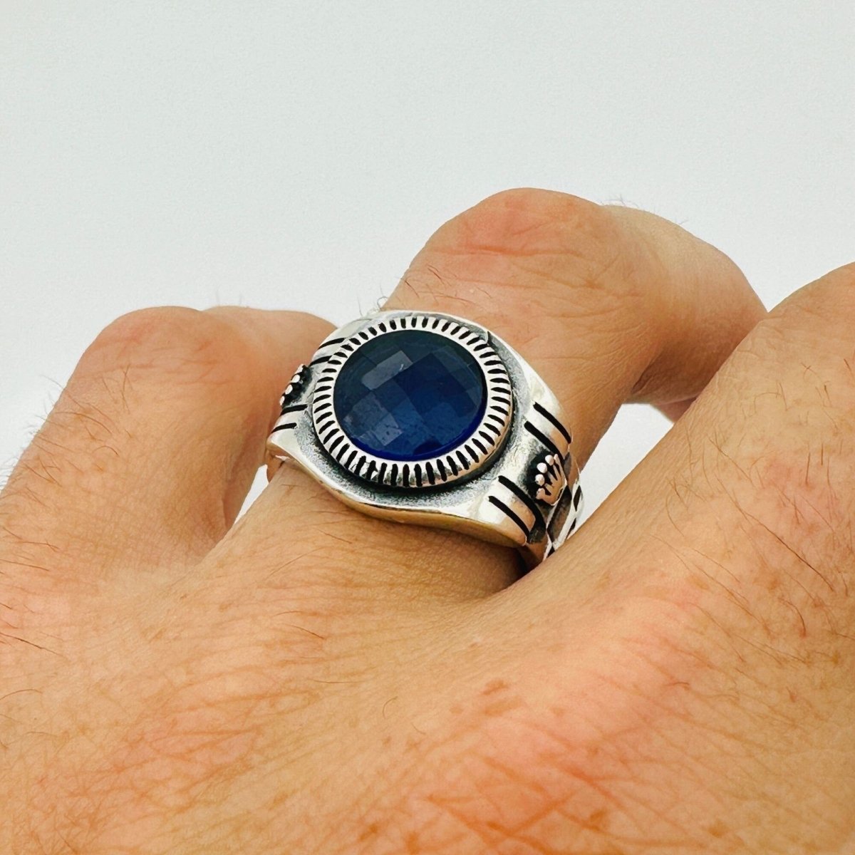 Men's Turkish Blue Sapphire Square Silver Ring - TryAladdin