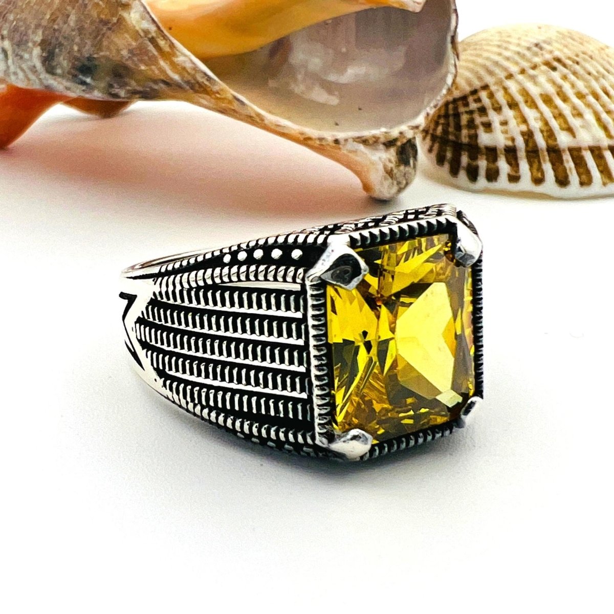 Men's Yellow Citrine Stone Silver Ring - TryAladdin