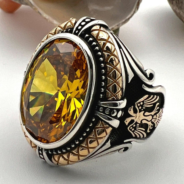 Men's Yellow Citrine Stone Silver Ring - TryAladdin