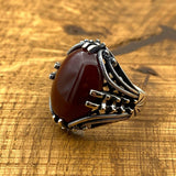 Men's Yemeni Aqeeq Stone Red Agate Silver Ring - TryAladdin