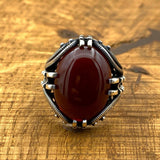 Men's Yemeni Aqeeq Stone Red Agate Silver Ring - TryAladdin