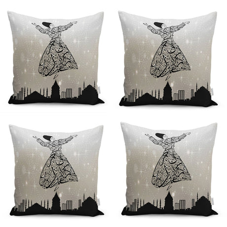 Modern Runner and Cushion Pillow Cover Set with Arabic Letter Motif and Whirling Dervish Design - TryAladdin