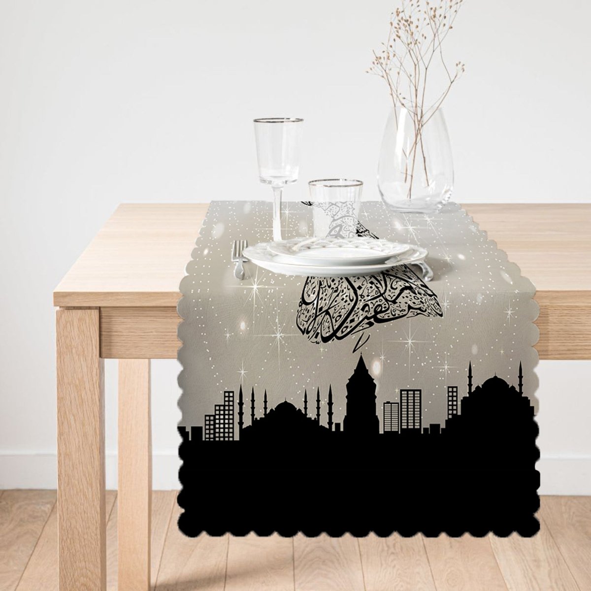 Modern Runner and Cushion Pillow Cover Set with Arabic Letter Motif and Whirling Dervish Design - TryAladdin