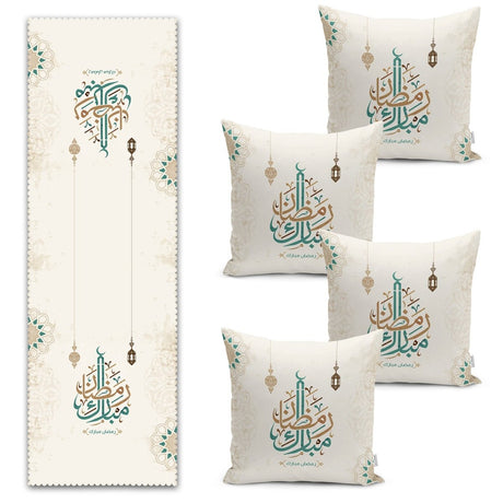 Mubarak Ramadan Motif Digital Printed Runner and Cushion Pillow Cover Set - TryAladdin