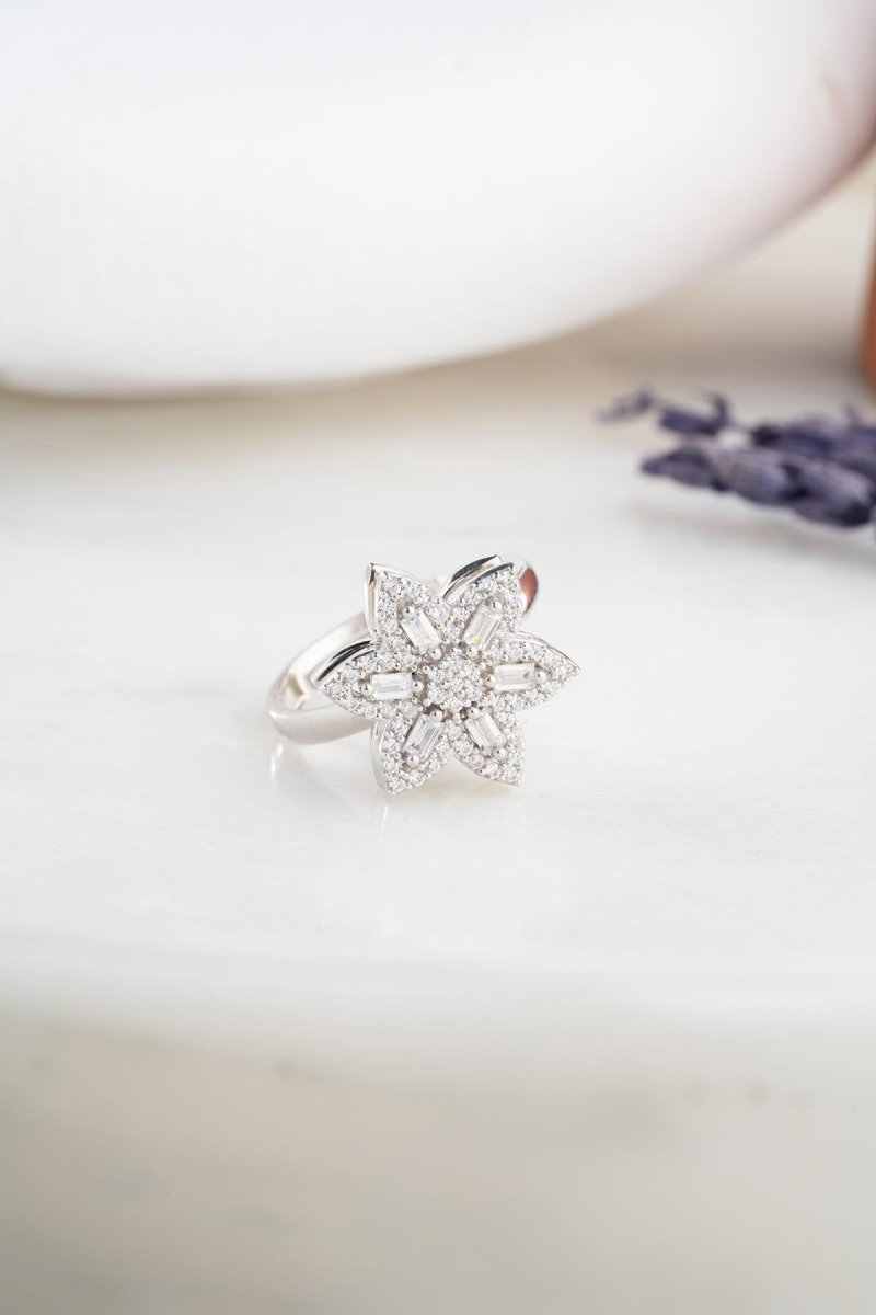 Nereze | Baguette Stone Rotating 6 Petals Flower Adjustable Size Ring - TryAladdin