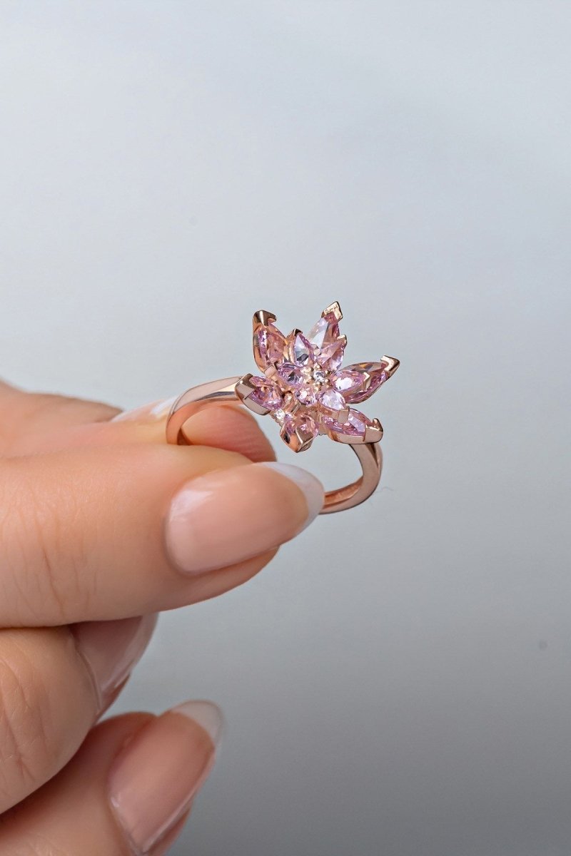 Nereze | Pink Stone Lotus Flower Adjustable Size Ring - TryAladdin