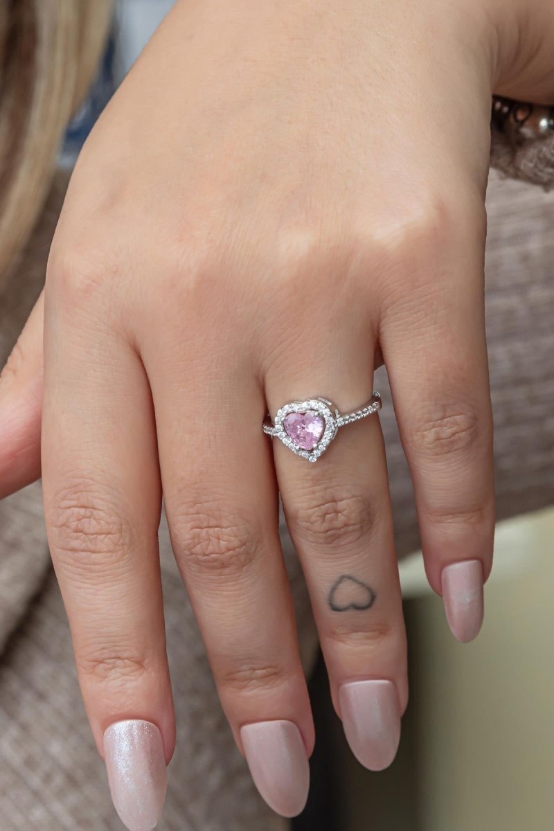 Nereze | Rhodium Plated Women's Silver Ring with Pink Stone Heart - TryAladdin