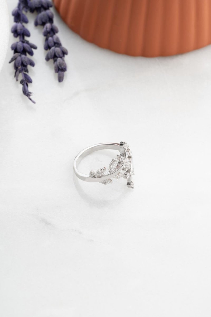 Nereze | Adjustable Size Ring with Zircon Stone Rhodium Olive Branch - TryAladdin