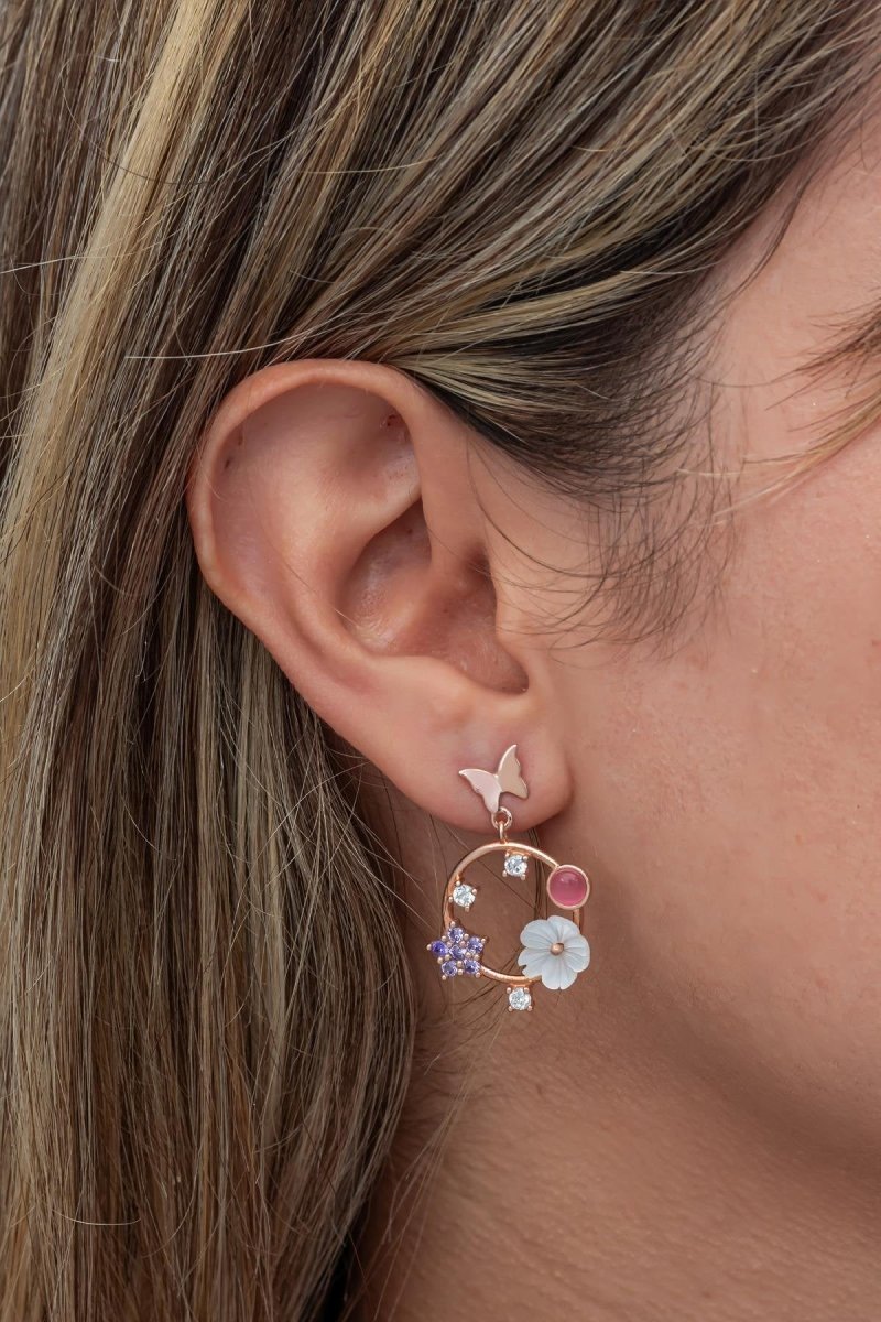 Nereze | Magnolia Flower Butterfly Detail Earrings with Pink Stone - TryAladdin