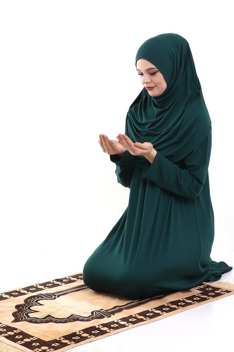 One Piece Practical Prayer Dress with Robe and Headscarf Emerald Green - TryAladdin