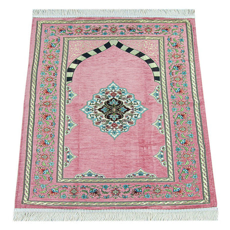 Pink Flower Motifed Mihrab Lined Chenille Prayer Rug - TryAladdin