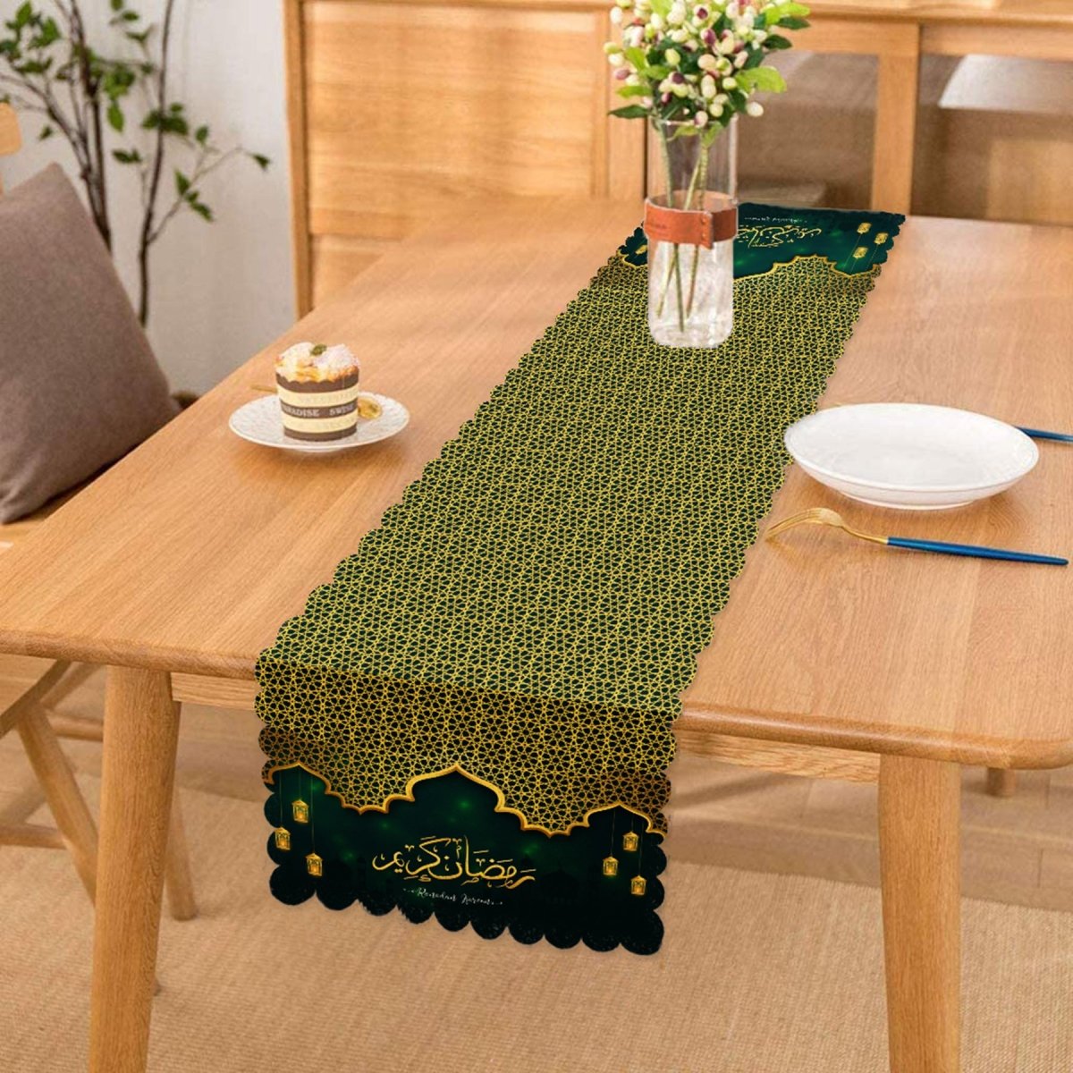 Ramadan Kareem Gold - Detail Digital Printed Runner and Cushion Pillow Cover Set - TryAladdin