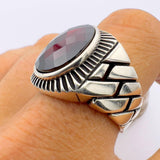 Red Oval Ruby Stone Men's Silver Ring - TryAladdin