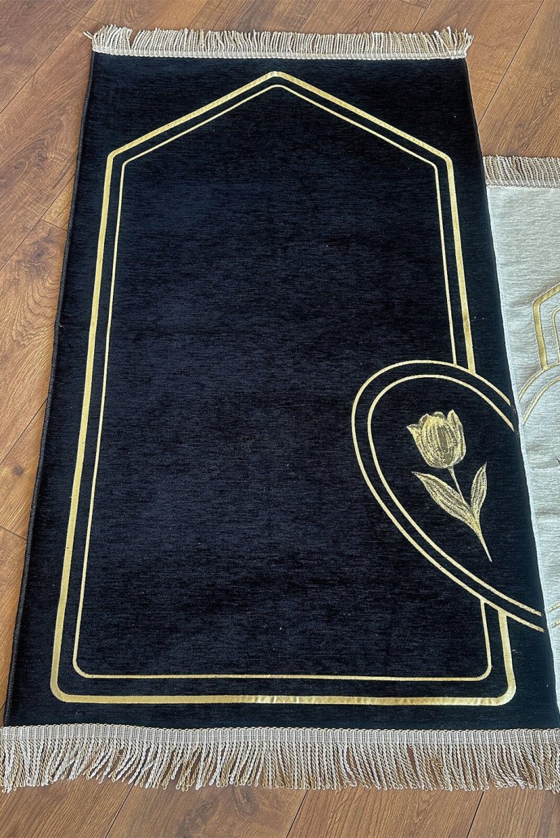 Rose Embroidered Unlined Soft Textured Chenille Prayer Rug Set with Hearts for Couples Cream Black - TryAladdin