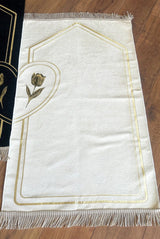 Rose Embroidered Unlined Soft Textured Chenille Prayer Rug Set with Hearts for Couples Cream Black - TryAladdin