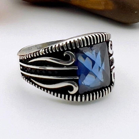 Square Blue Sapphire Silver Ring - TryAladdin