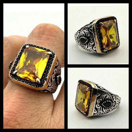 Square Yellow Citrine Stone Men's Ring - TryAladdin