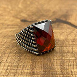 Sterling Silver 925 Handmade Red Zircon Men's Ring - TryAladdin