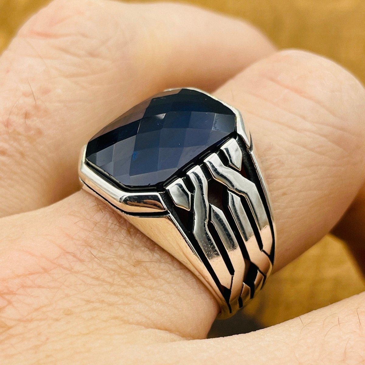 Sterling Silver 925 Handmade Sapphire Stone Men's Ring - TryAladdin