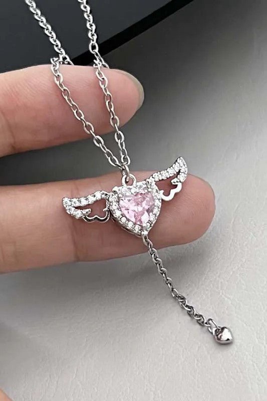 Taki | Pink Stone Women's Stainless Steel Necklace with Moving Winged Heart - TryAladdin