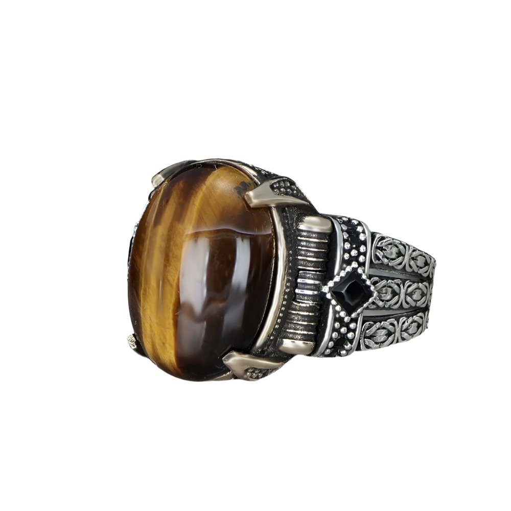 Tesbihevim | Chain Series Men's Silver Ring with Tiger's Eye Stone - TryAladdin