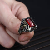 Tesbihevim | Patterned Model Red Agate Stone Silver Ring for Men - TryAladdin