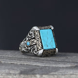 Tesbihevim | Patterned Model Turquoise Stone Silver Ring for Men - TryAladdin