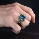 Tesbihevim | Silver Men's Ring with Chain Series Aqua Marin Stone - TryAladdin