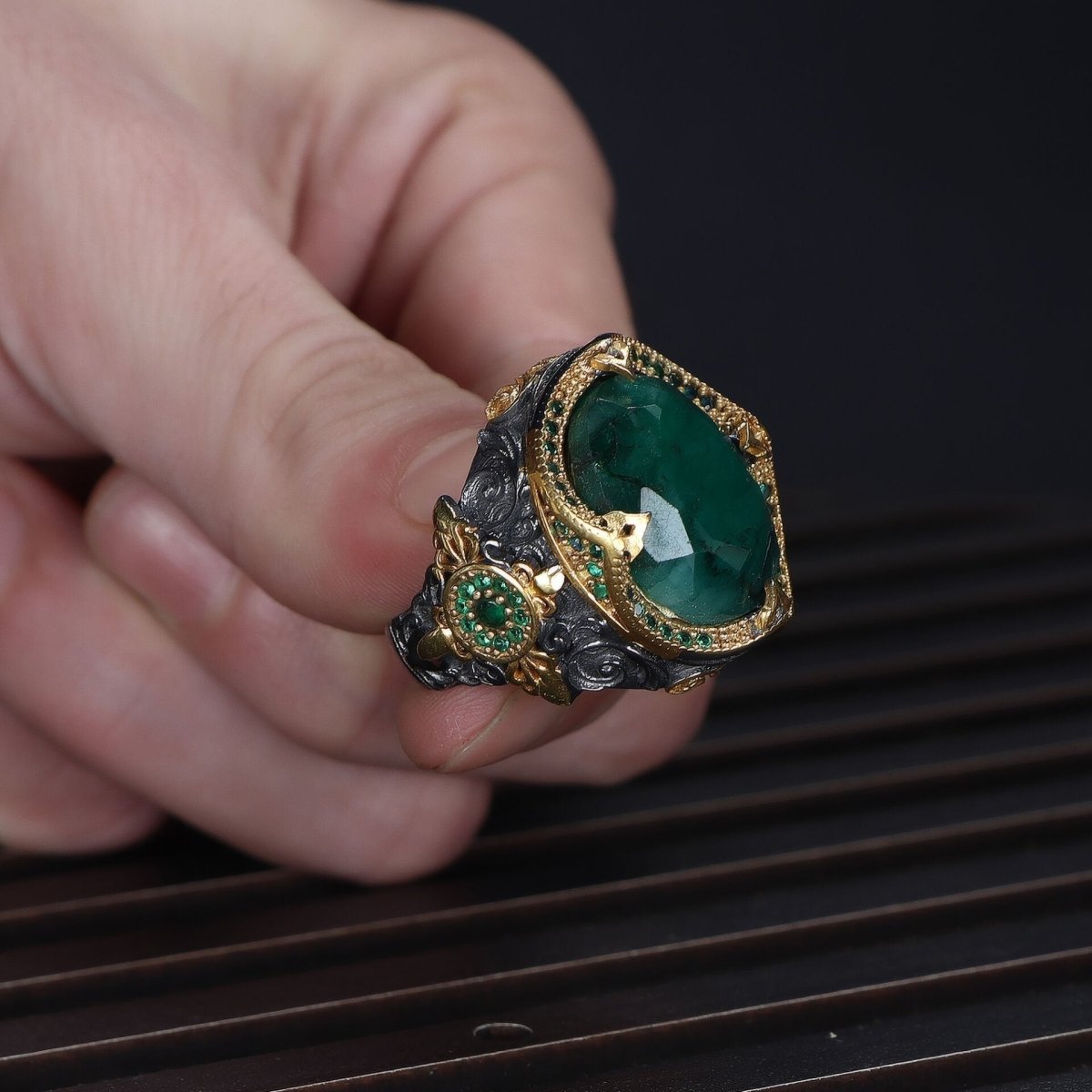 Tesbihevim | Silver Ring for Men with Emerald Stone - TryAladdin