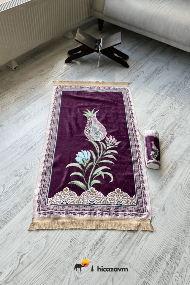 Tulip Motif Prayer Rug with Bag (Purple) - TryAladdin