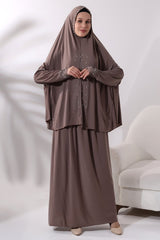 Two Piece Prayer Dress with Pearls and Stones, Bottom and Top, Milk Brown - TryAladdin