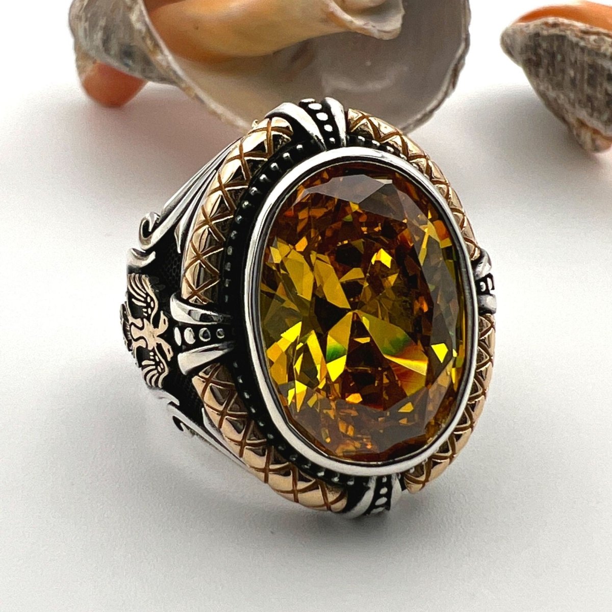 Yellow Citrine Double Headed Eagle Ring - TryAladdin