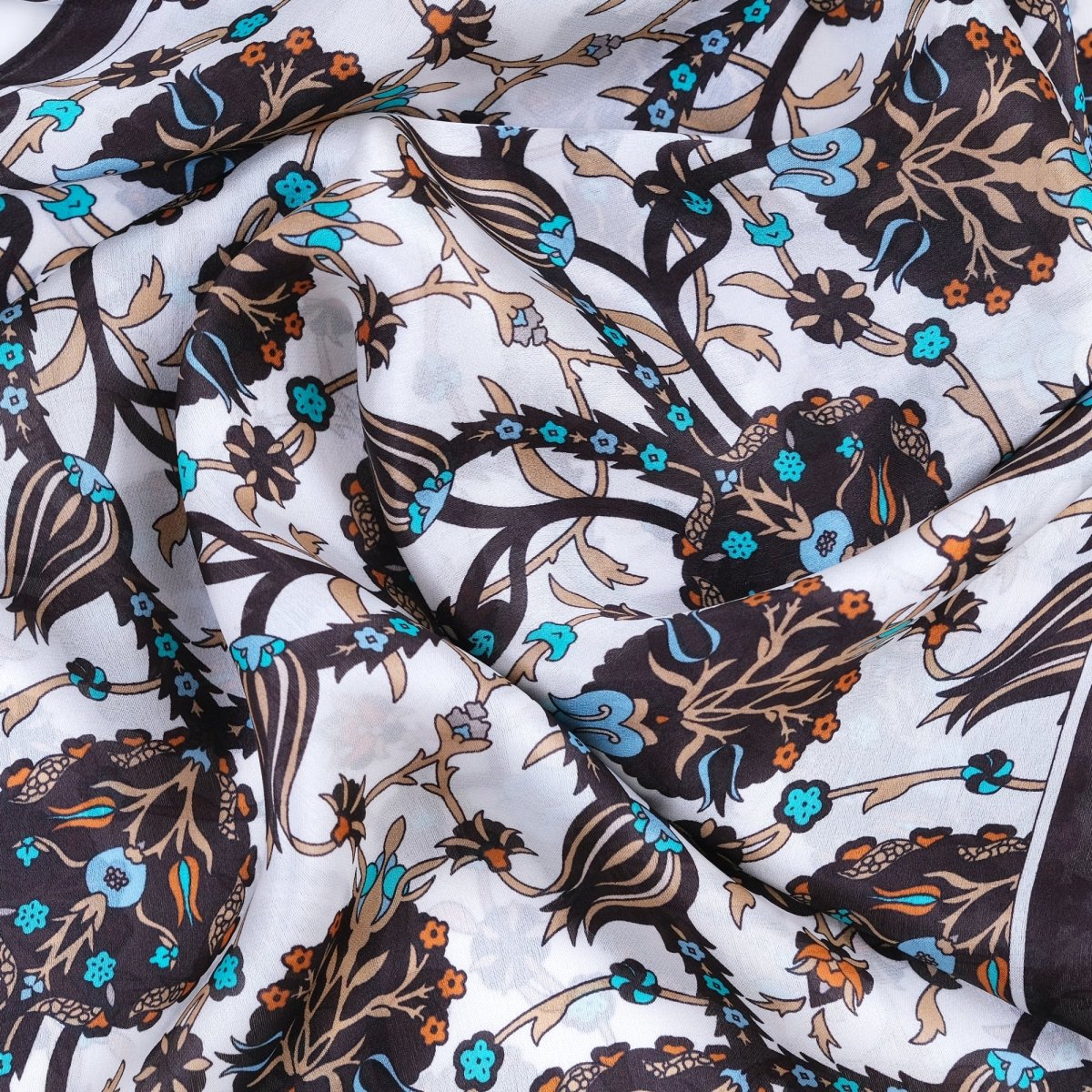 Lale Elegant Silk Scarf in Brown, Orange, Turquoise & Cream - TryAladdin