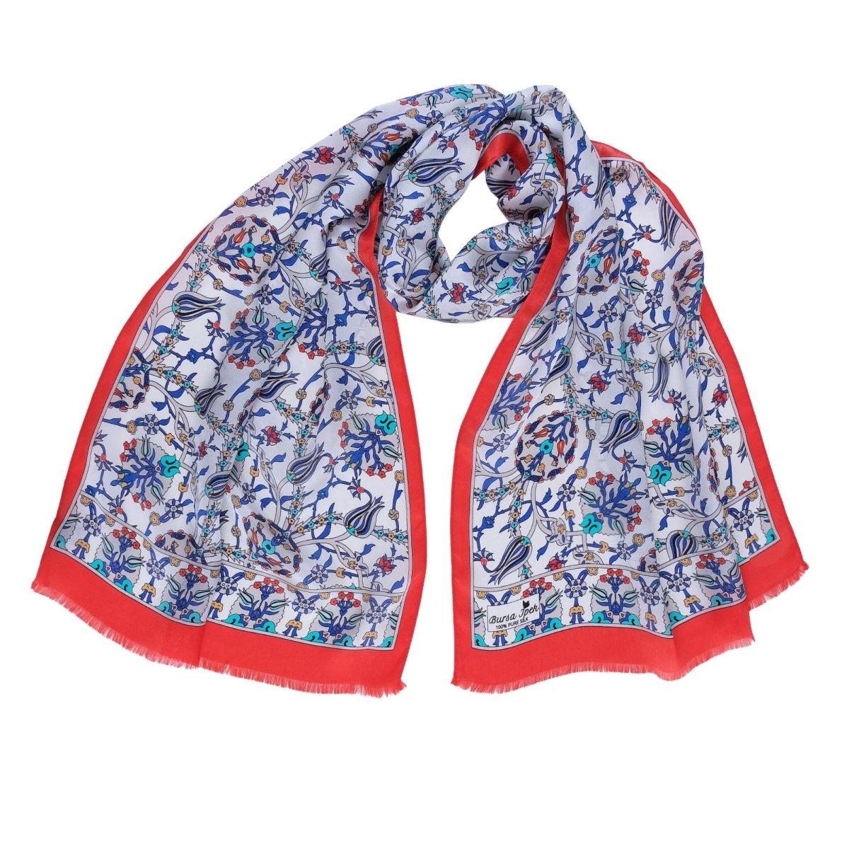 Lale Elegant Silk Scarf in Turquoise, Red & Blue - TryAladdin