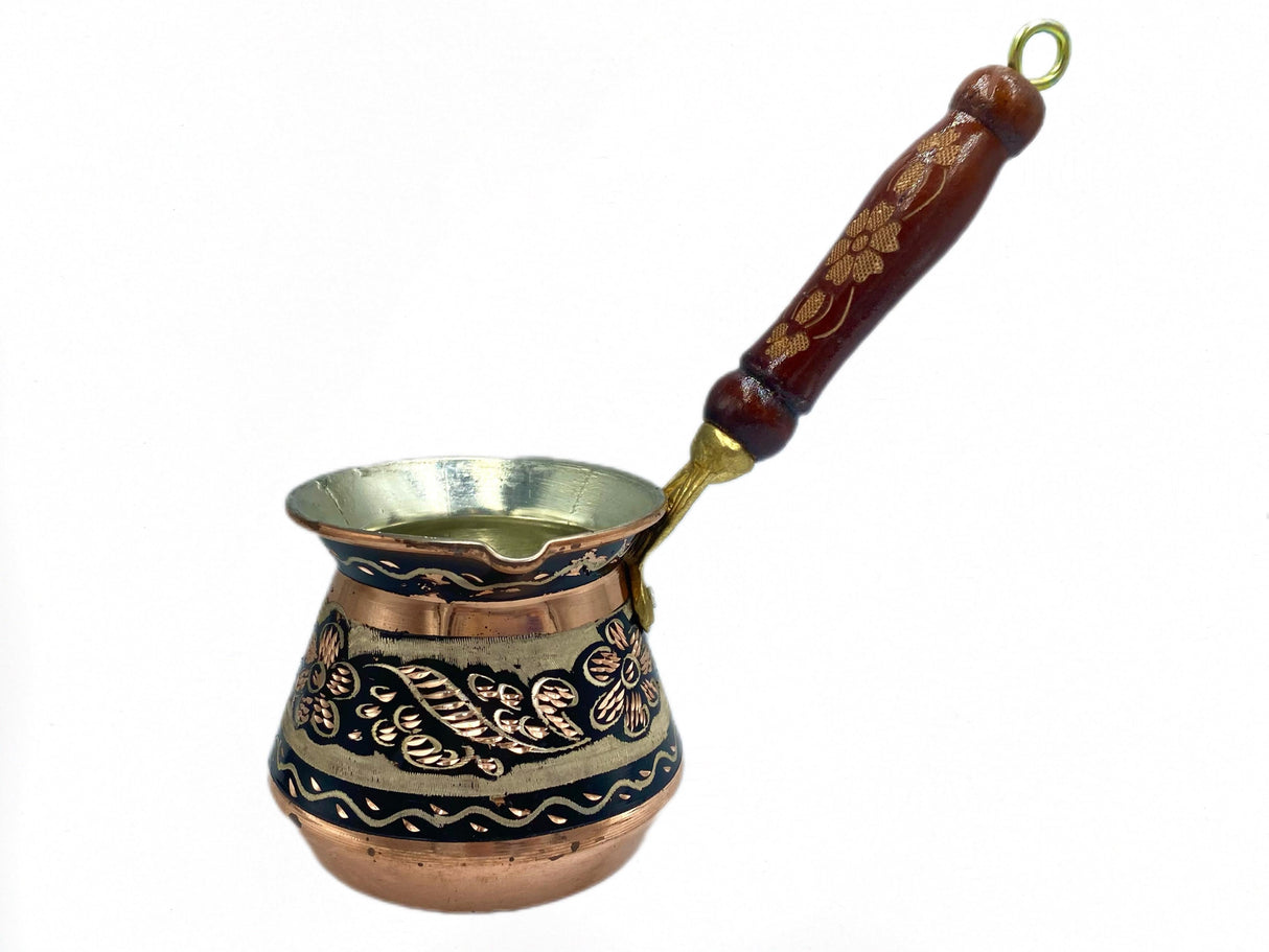 Lavina | Copper Turkish Coffee Pot Black Flower Design with Wooden Handle No. 1 - TryAladdin