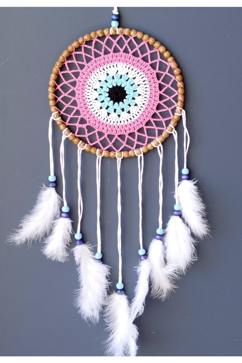 Nazar Bead Motif Dream Catcher Handmade Pink Wall Ornament - TryAladdin